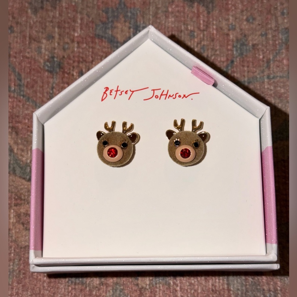 Betsey Johnson Gold Tone & Brown Felt Reindeer Button Stud Earrings
